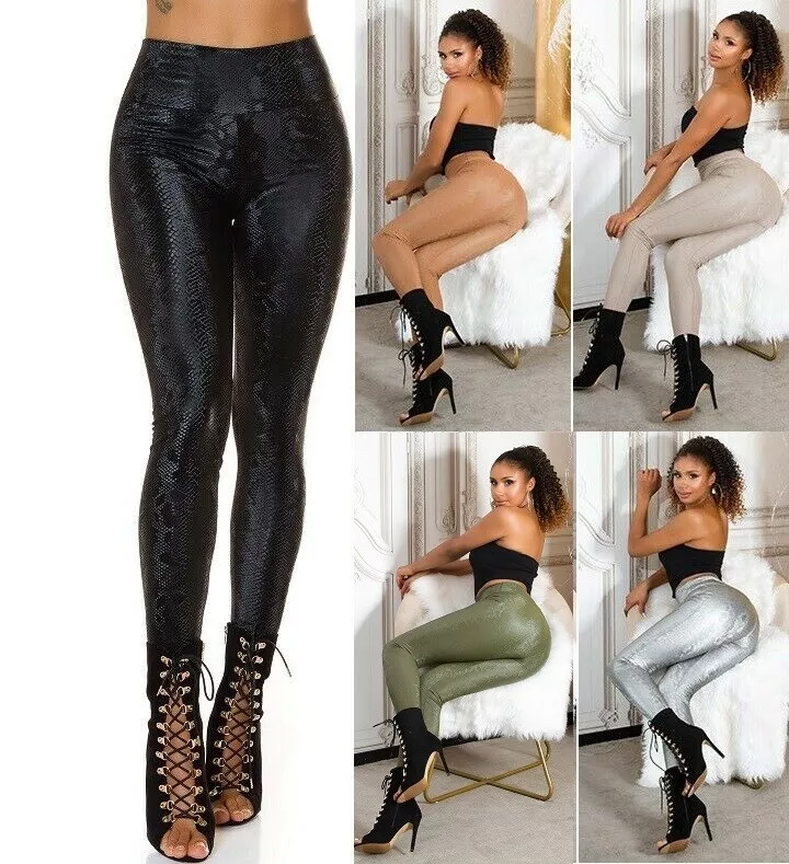 Women's Snake Embossed Wet Look Leggings