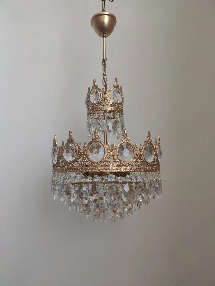 Lámpara de araña de cristal antigua vintage de latón LED cesta techo Foto 2 de 4