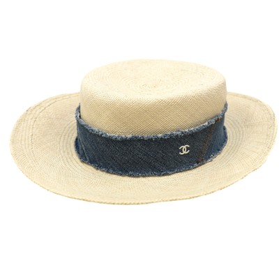 AUTH CHANEL STRAW HAT BEIGE COCO MARK 
