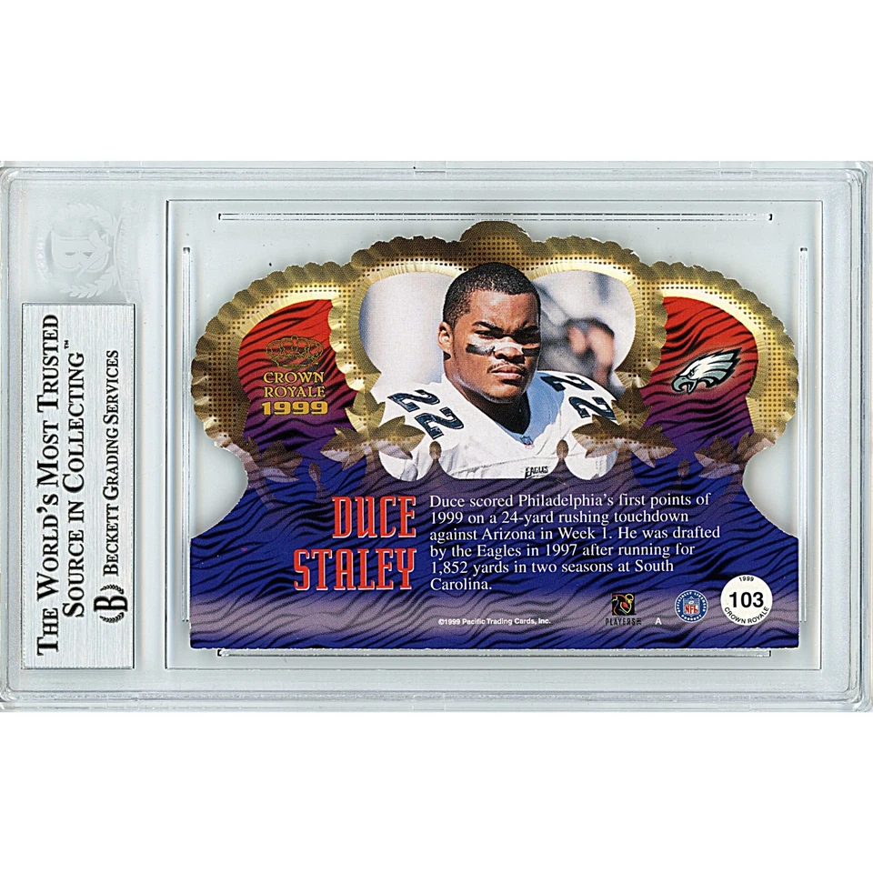 Duce Staley Firmado 1999 Pacific Crown Royale Oro Troquelado #103 Águilas Losa BAS Foto 3 de 4