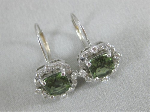 FANCY 3.25CTW DIAMOND GREEN TOURMALINE HANGING 14K W GOLD CUSHION EARRINGS E3920 - Picture 3 of 12