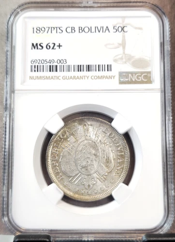1897 PTS CB BOLIVIA SILVER 50 CENTAVOS NGC MS 62+ GREAT SURFACES BEAUTIFUL COIN