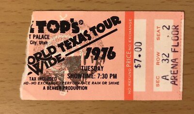 1976 ZZ TOP WORLDWIDE TEXAS TOUR 9/21 SALT LAKE CITY CONCERT TICKET STUB TUSH