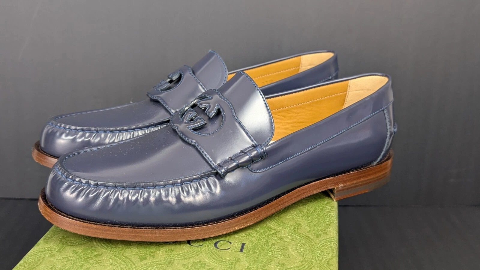 MOCASSINS EN CUIR GUCCI EMBOÎTABLES GG BLEU AGATA CUIR CÔTE MILLÉNAIRE NEUFS DANS LEUR BOÎTE