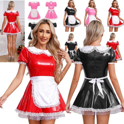DE*Damen Kostüm Latex Dienstmädchen Lack Maid Kleid Französisches Magd Uniform - Bild 9 von 49