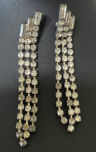 Vintage Baguette Round Cut Clear Rhinestone Necklace & Earring Set Tassel Dangle - Picture 3 of 9