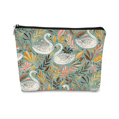 Turquoise Aesthetic White Swans with Leaves Makeup Bag,Soft Sage Green Leaf C...