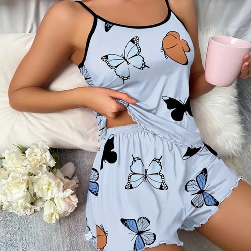 Women Ladies Print Crew Neck Cami Vest Shorts Lingerie Pyjamas Set - Bild 5 von 15