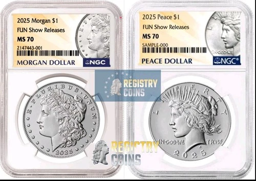 2025 Morgan Peace Silver Dollar Set NGC MS70  Fun Show Releases Orlando Presal%
