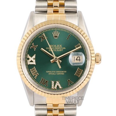 ROLEX DATEJUST 16223 GOLD/STEEL 36MM OLIVE GREEN DIAMOND ROMAN DIAL FLUTED BEZEL