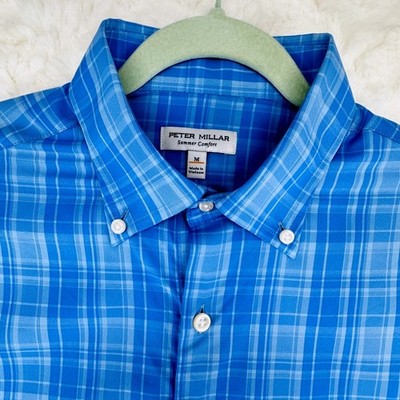 Peter Millar Summer Comfort Mens Blue Plaid Button Down Shirt MF24W49LTB Size M