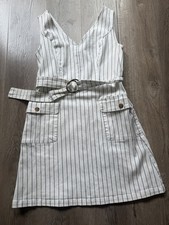 Forever New Preppy White Denim Blue Stripe Fitted Belted Waist -10 Pocket Detail