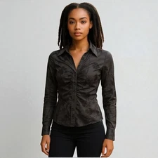 Black Floral Button Down Blouse Long Sleeve Fitted Collared Jacquard Top Size XS