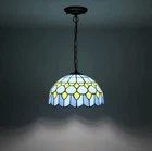 Vintage Tiffany Style Blue Stained Glass Pendant Light Fixture 12” Ceiling Lamp