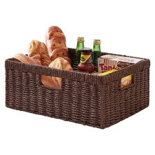 Wicker Basket, Paper Shelf Basket with Built-in Handles, Rectangular Wicker S...