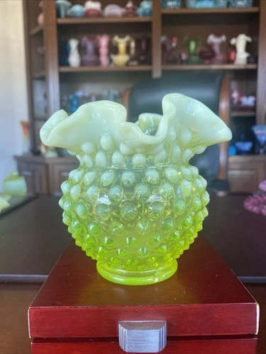 Fenton Topaz Vasoline Glass Ruffled Hobnail Rose Bowl Vase 4.5” of Glow.