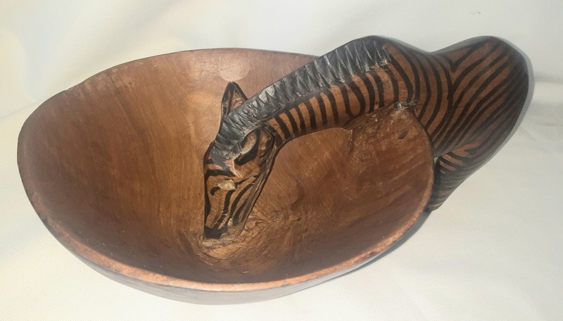 Wood Carved Zebra African Art Drinking From Bowl
