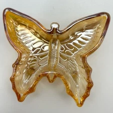 VTG JEANETTE Glass Candy Dish Butterfly Iridescent Amber Nut Relish Divided 7x8