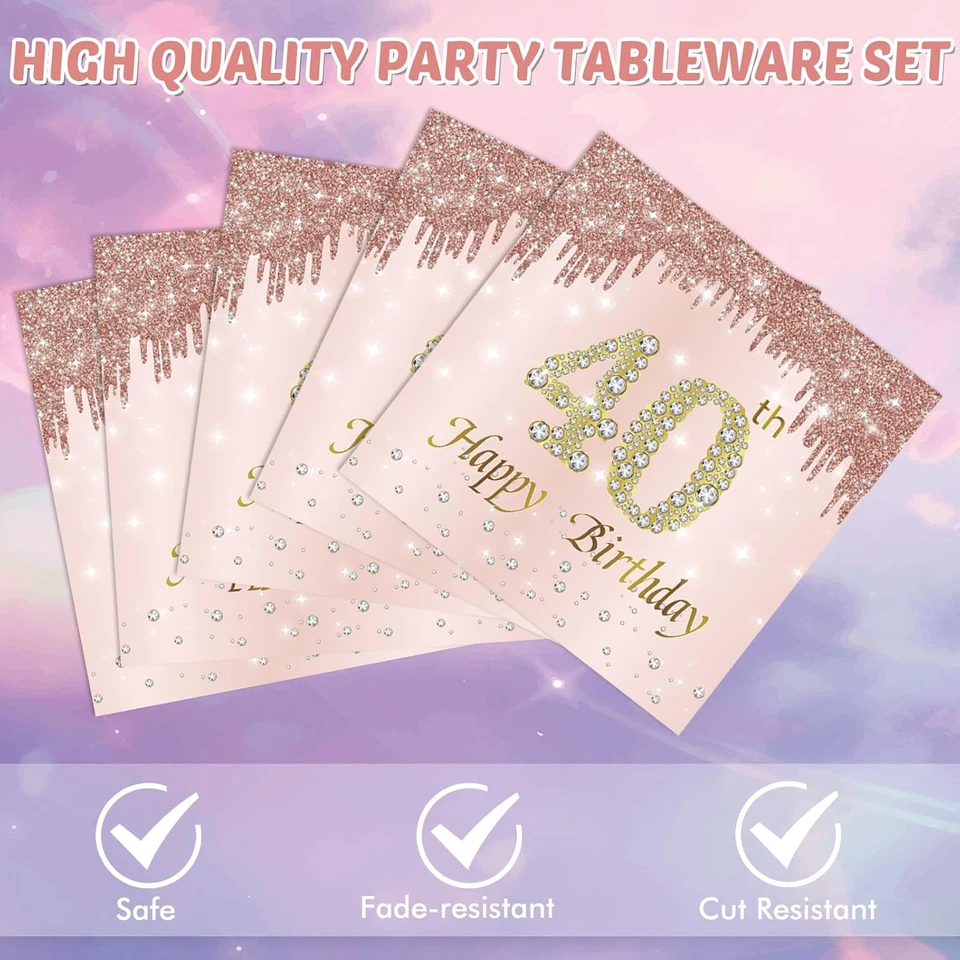 40 PCS 40Th Birthday Decorations for Women 40Th Birthday Plates and Napkins Set - Image 3 of 4