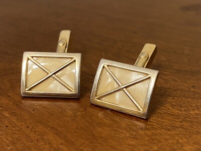 Vintage Gold Tone SWANK Mother of Pearl Window Pane X  Design Cufflinks