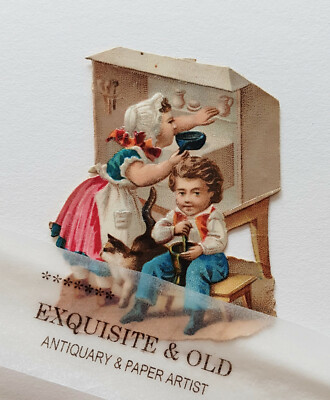 um 1900 Kinder Spielen Katze Küche Kochen Glanzbild Prägedruck Oblate Ephemera