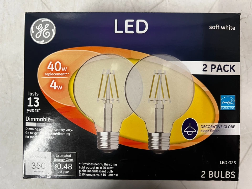 QTY 12 GE 40W (4W Equiv) Globe Style Antique Filament LED G25 Light Bulbs 23192 - Image 4 of 4