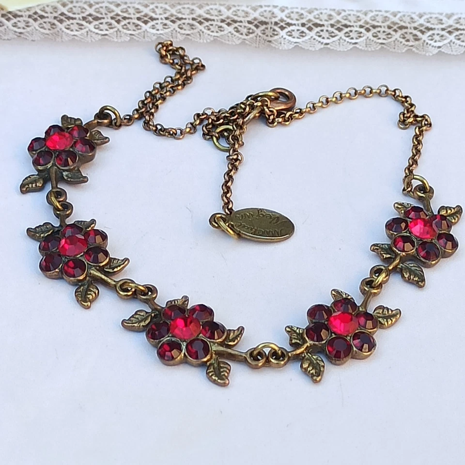 Michal Negrin Necklace Red Maroon Flowers with Swarovski Crystals Statement Gift - Image 4 of 4