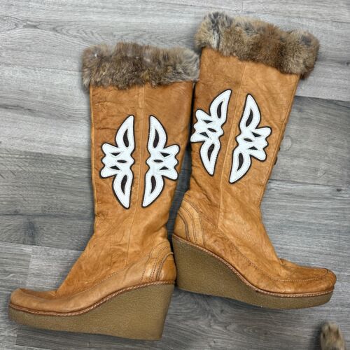 Modern Vintage Camel Leather Tall Wedge Platform Boots Fur Lined Trim Shoe 8 - Picture 3 of 7
