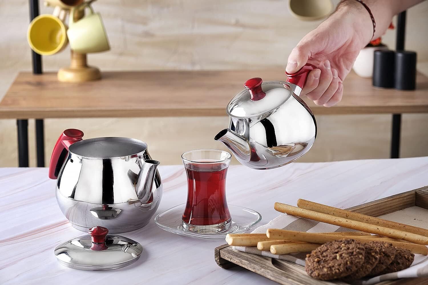 Turkish Teapot Set | Stainless Steel Double Teapot | Tea Maker with Strainer |