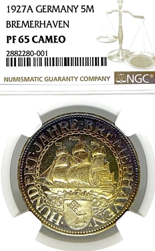 Germany Weimar Republic 1927A 5 Mark BREMERHAVEN NGC PF 65 CAMEO Thaler PP PROOF