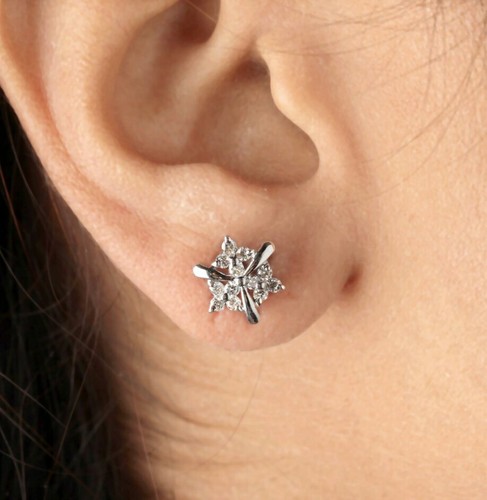 14K White Gold Genuine Diamond Earring Studs Minimalist Expensive Jewelry Gift - Picture 9 of 12