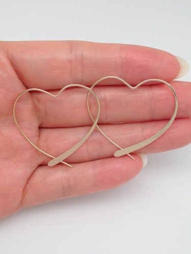925 Sterling Silver Medium Heart Hoop Earrings Threader Earrings 34mm/1.34"x32mm - Picture 19 of 32
