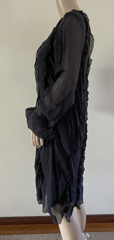 Nolita Italy Silk Dress Size 44 Black Long Sleeves Lined Ruffle Detail - image 3 of 4