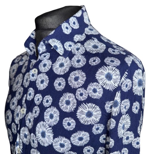 HAWES & CURTIS Shirt Mens MEDIUM Long Sleeve in Blue with Daisy Print - Picture 5 of 12