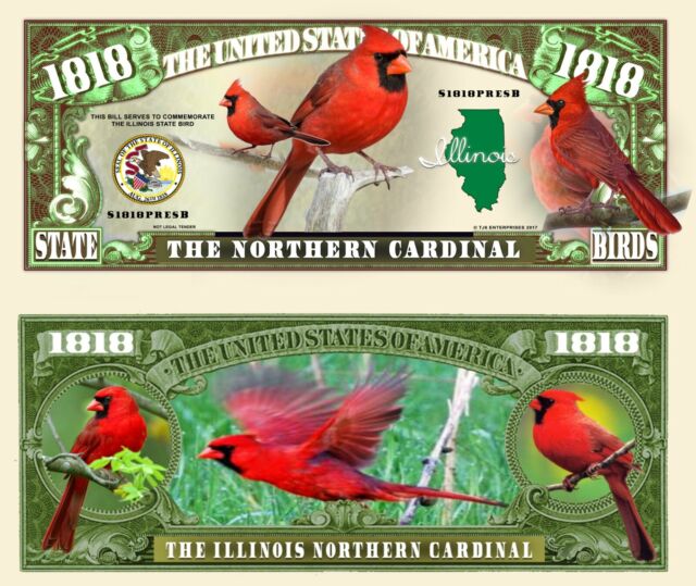CARDINAL ROUGE - BILLET MILLION DOLLAR! Oiseau Illinois Etats US Birds of Animal