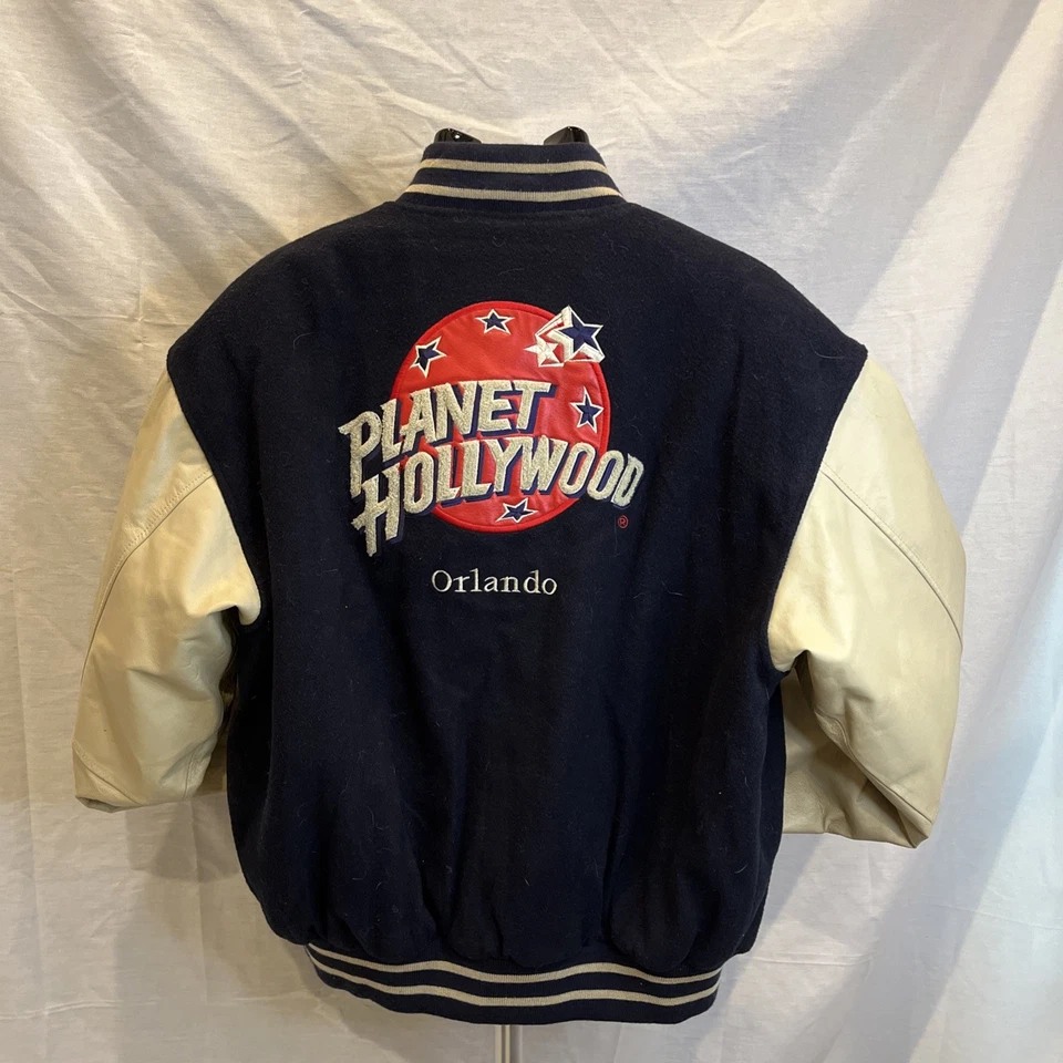 CHAQUETA BOMBER DE COLECCIÓN RARA PLANET HOLLYWOOD ORLANDO LANA CON MANGAS DE CUERO TALLA L Foto 4 de 4
