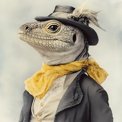 Lord Lizard im formellen schwarzen Zylinderhut verziert mit einem grauen federähnlichen Accessoire