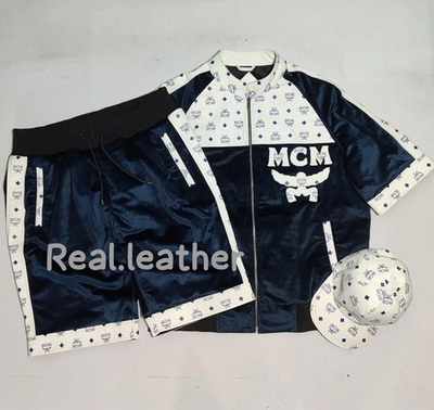 #ad Vintage MCM Black amp; White Leather Tracksuit Jacket amp; Shorts amp; cap Monogram Logo $269.00