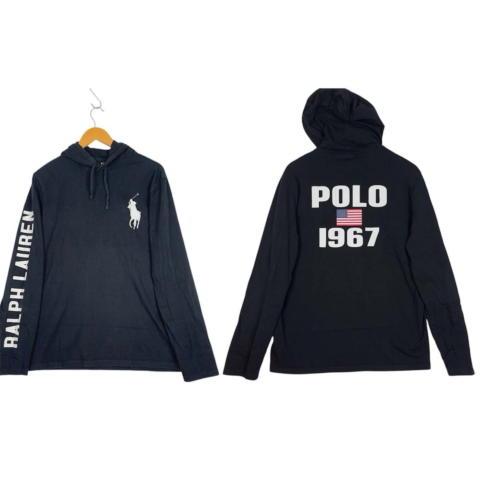 Polo Ralph Lauren Big Pony T Shirt con Cappuccio Y2K Uomo Nera Taglia M Ricamata