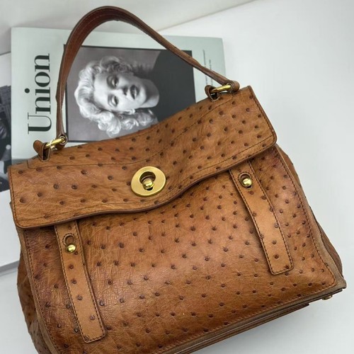 Yves Saint Laurent YSL Muse Two Brown Medium Ostrich Leather Handle Shoulder Bag