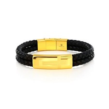 Stainless Steel Double Leather Strand Cross Design Bracelet - Black Gold