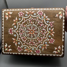 Hand Painted in India Colorful Hinged Wooden Jewelry or Trinket Box 7"X 9.3/4