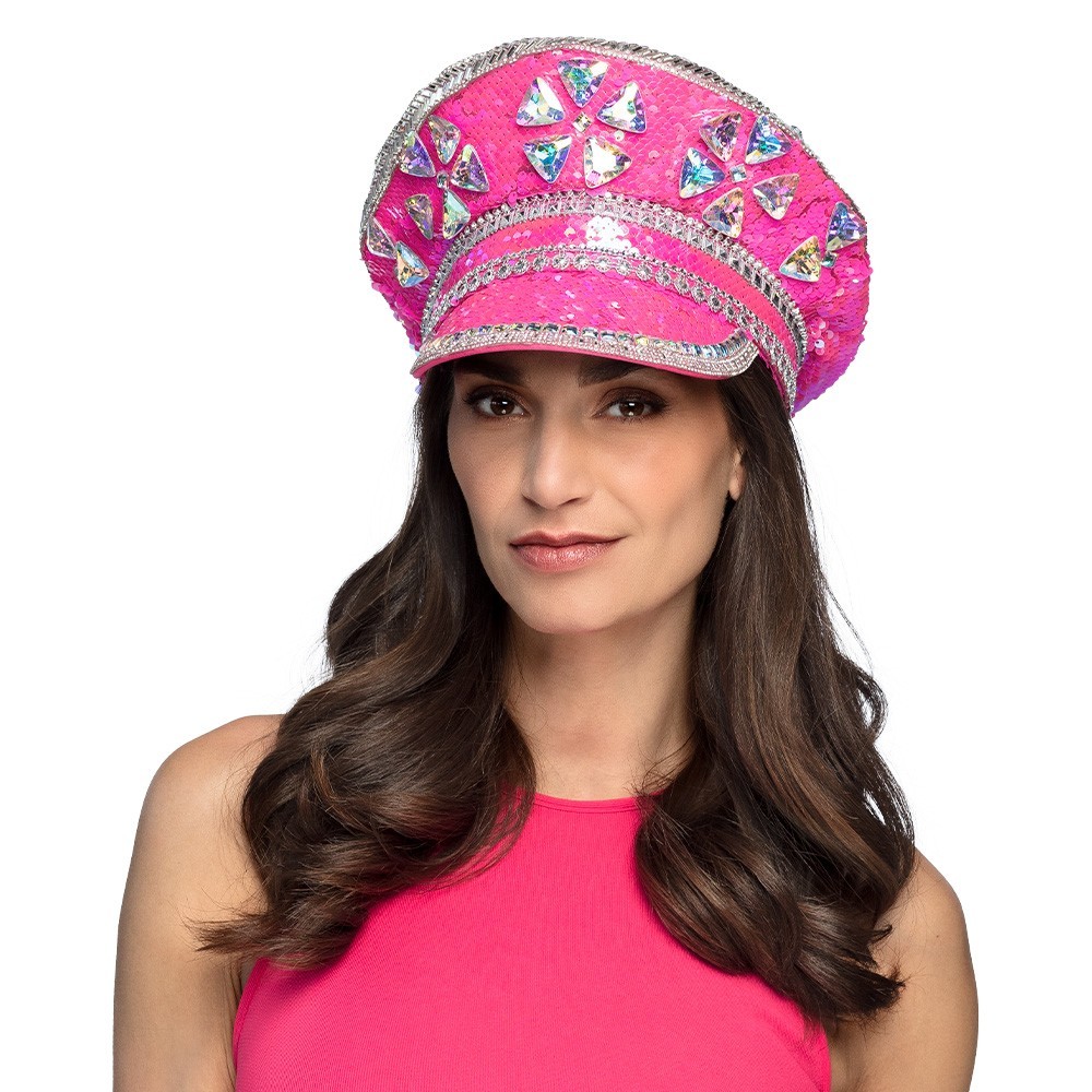 Pink Sequin Sparkle Captain Hat Pride Festival Carnival Fancy Dress Cap