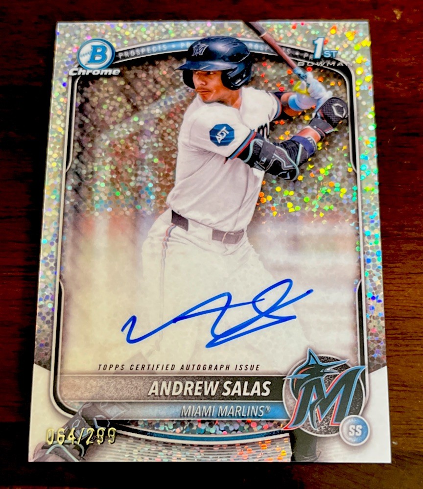 ANDREW SALAS 2025 BOWMAN CHROME PROSPECT 1ST BOWMAN SPECKLE REFRACTOR AUTO /299