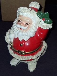 Vtg Christmas 1960’s Santa Claus Bank Spaghetti Trim Ceramic approx 7” Japan