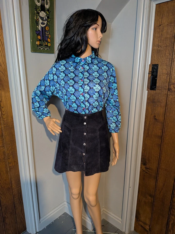Vintage 70s Blue Rose Floral Blouse Shirt Top Mod Boho M 12 14 42" - Image 4 of 4