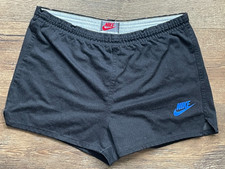 Vintage NIKE Gray Tag Men's SZ L Black Shorts W/ Blue Logo USA 40/60 Poly-Cotton