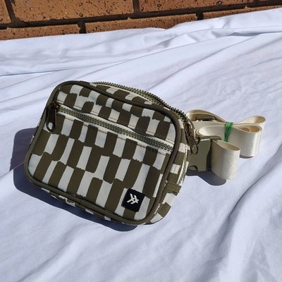 THREAD Olive White Checkered Small Crossbody Bag with Detachable Strap Zipper