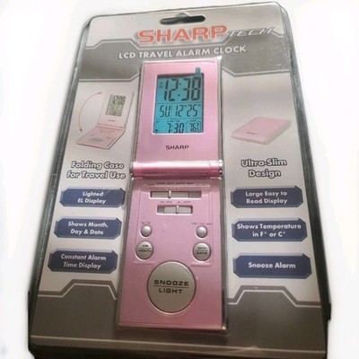 Sharp Tech LCD Travel Alarm Clock Ultra-Slim Design Folding Case SPC430I Pink