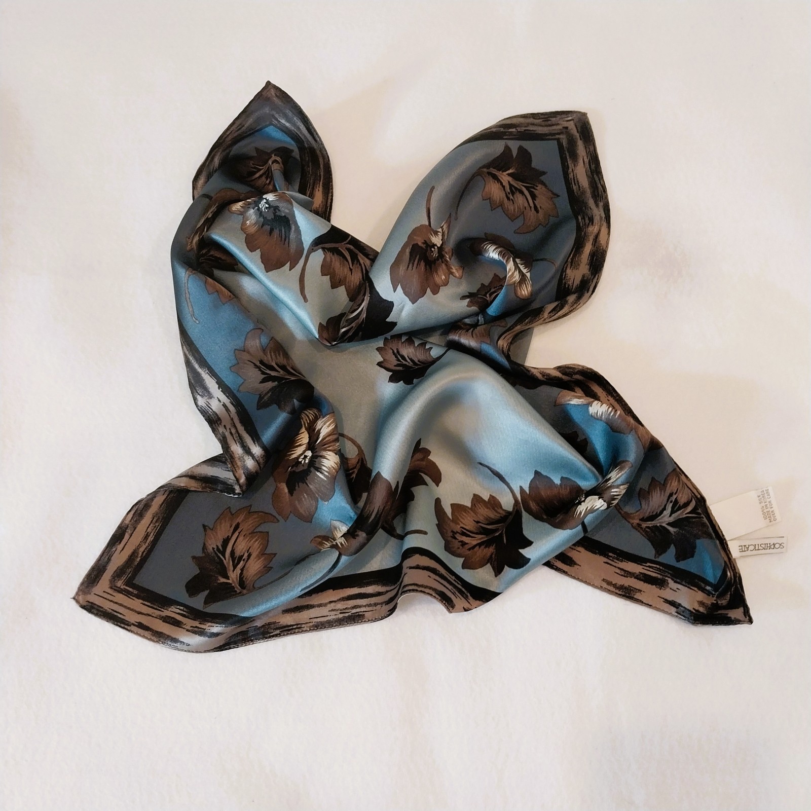 100% Silk Blue Brown Scarf Floral Leaves by Sophisticate 21